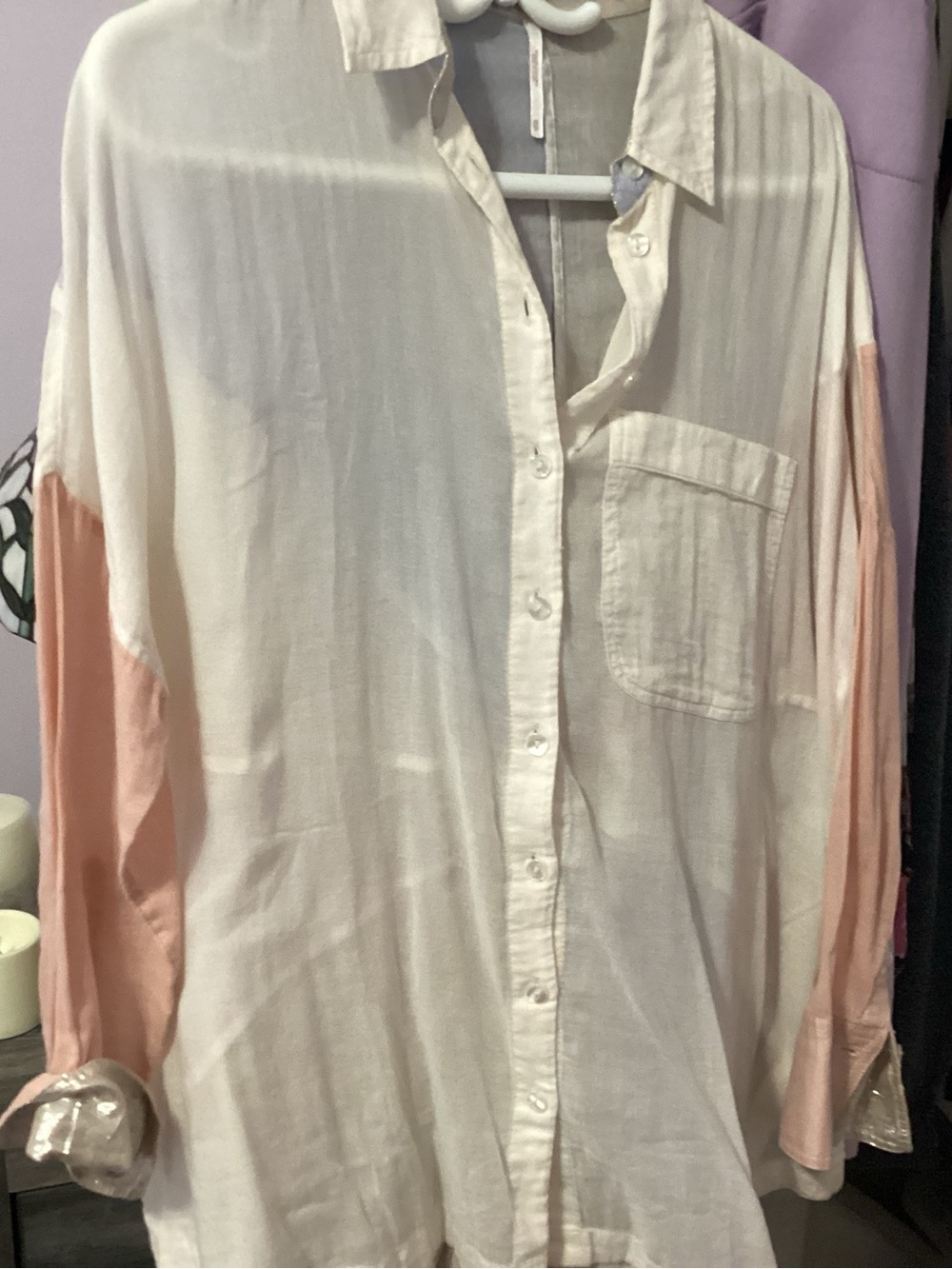 We The Free Cream Button-Down Shirt with Blush Pink Sleeves